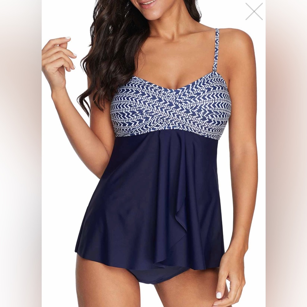 ROTITA Chevron Print Navy Blue Tankini Top And Panty XL US16-18